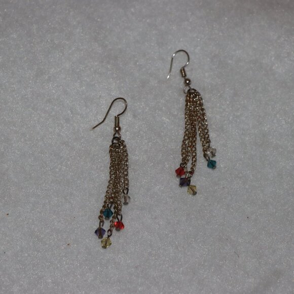 Dangle drop chain link earrings, rainbow colorful fun beads on chain ends - Picture 5 of 7